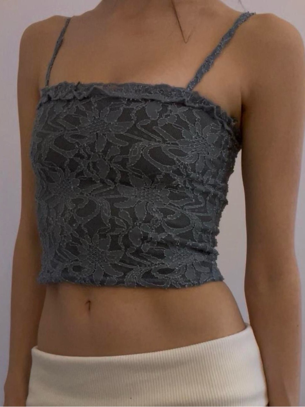 Dusty blue lace ruffle cami crop top